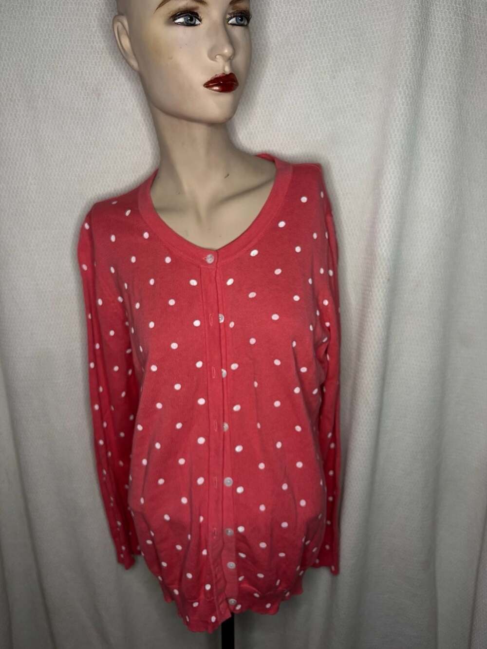Laura Scott Cardigan Sweater Size L Coral Pink White Polka Dot
